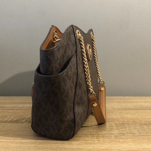 Michael Kors Jet Set Travel Brown Top Zip MK Signature Chain Tote Shoulder Bag - Picture 2 of 16